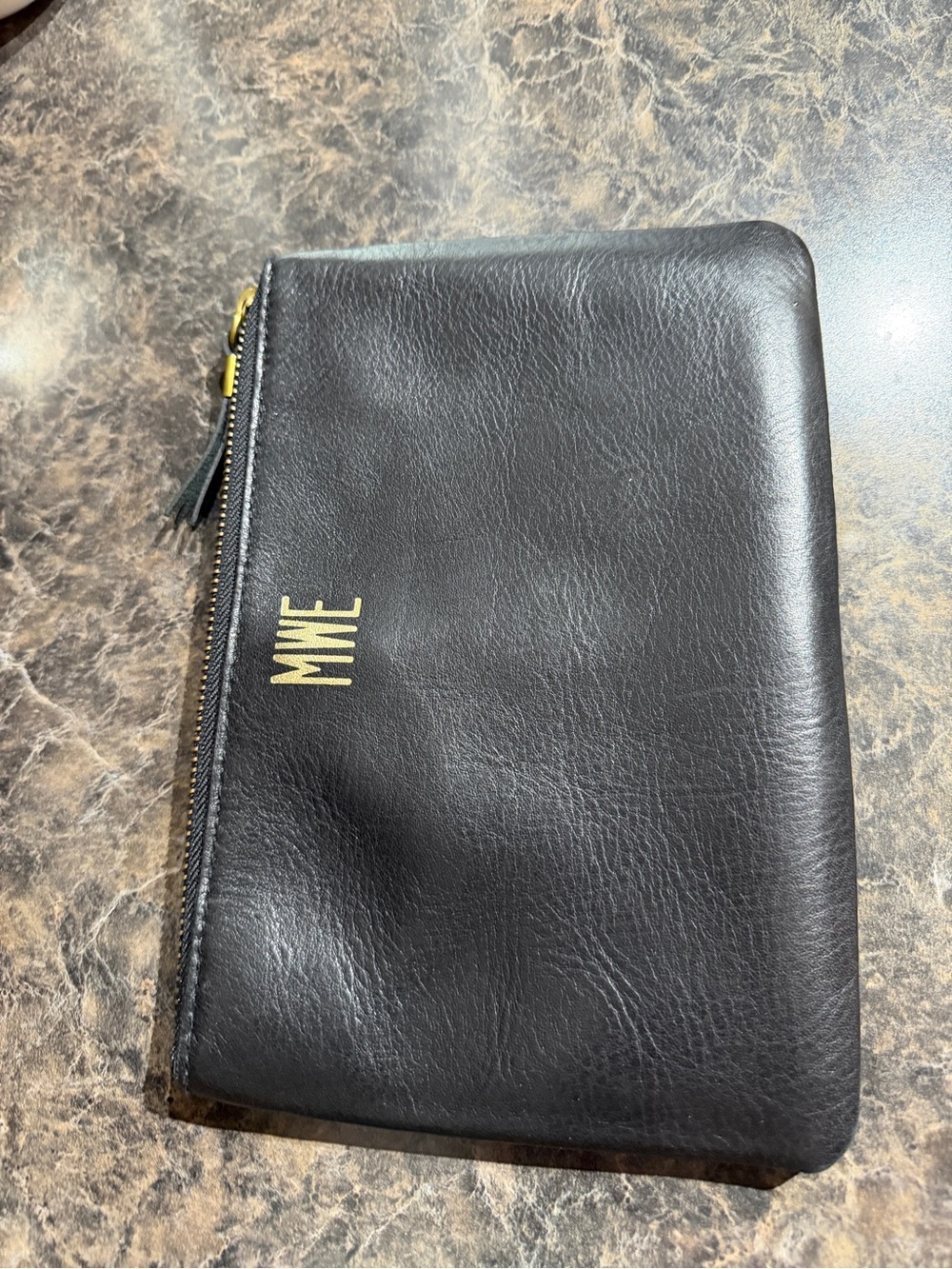 Madewell Black Leather Zip Toiletry Pouch with Gold Monogram